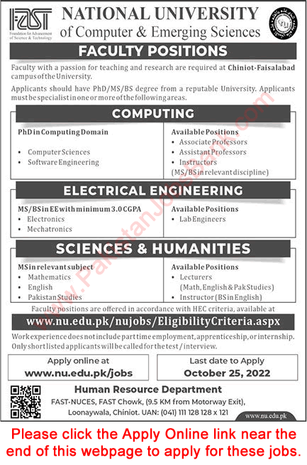 FAST National University Chiniot Faisalabad Campus Jobs October 2022 Apply Online Teaching Faculty & Lab Engineers Latest