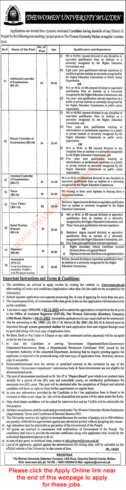 Women University Multan Jobs 2022 October Apply Online Care Taker, Nurse & Others Latest