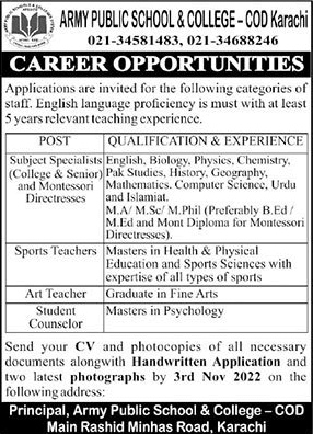 Army Public School and College COD Karachi Jobs October 2022 Teachers & Student Counselor Latest