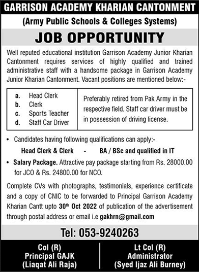 Garrison Academy Kharian Cantt Jobs October 2022 Clerks, Sport Teacher & Driver Latest