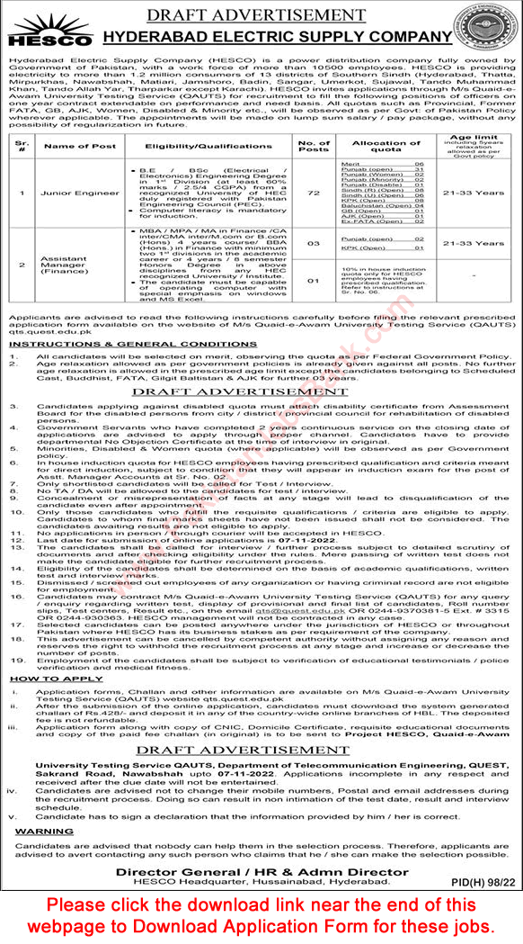 HESCO Jobs October 2022 WAPDA Application Form Junior Engineers & Assistant Manager Finance Latest