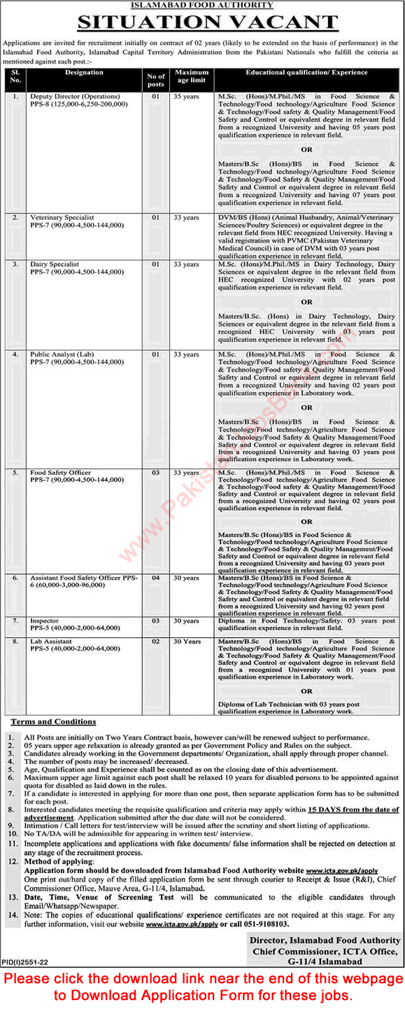 Islamabad Food Authority Jobs 2022 October Application Form Food Safety Officers, Inspectors & Others Latest
