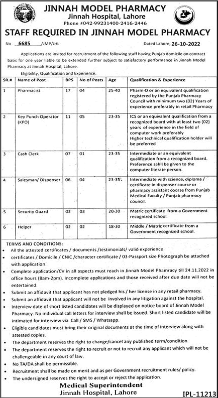 Jinnah Hospital Lahore Jobs November 2022 Key Punch Operators & Others Jinnah Model Pharmacy Latest