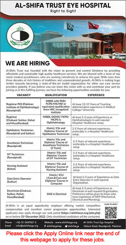 Al Shifa Trust Eye Hospital Rawalpindi Jobs December 2022 Apply Online Medical Technicians & Others Latest