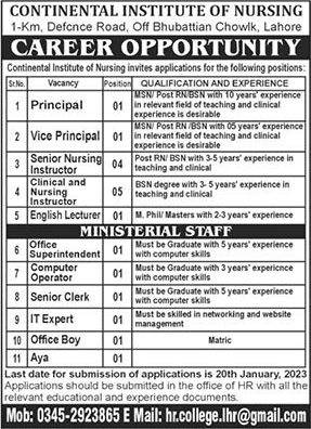 Continental Institute of Nursing Lahore Jobs 2023 Nursing Instructors & Others Latest