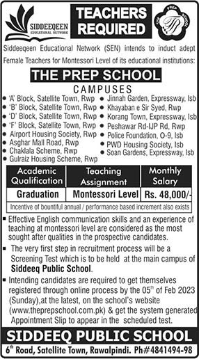 Female Montessori Teacher Jobs in Siddeeq Public Schools Rawalpindi / Islamabad 2023 Latest