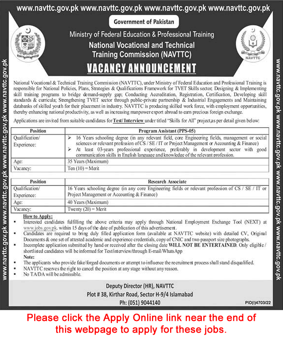 NAVTTC Jobs 2023 Apply Online Program Assistants & Research Associates Latest