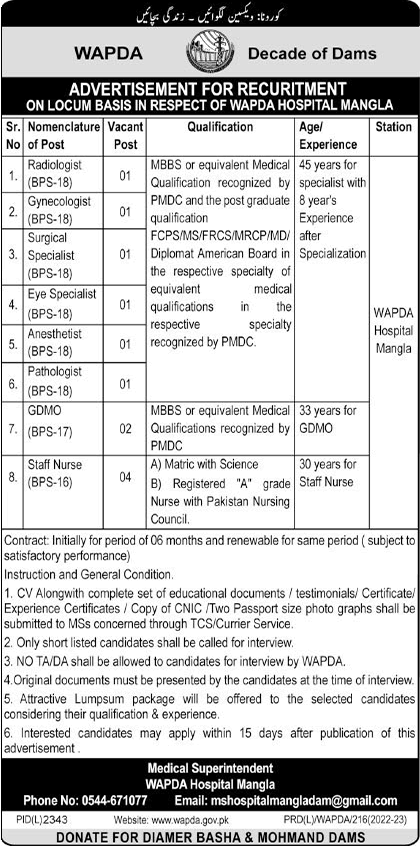 WAPDA Hospital Mangla Jobs 2023 February Medical Officers, Staff Nurses & Others Latest