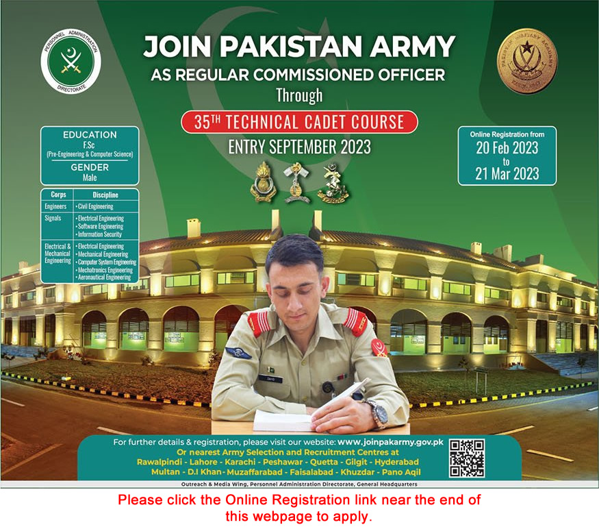 Join Pakistan Army through 35th Technical Cadet Course 2023 February Online Registration as Regular Commissioned Officer Latest