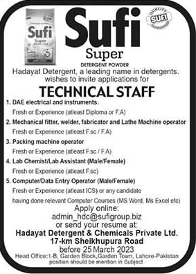 Hadayat Detergent and Chemical Pvt Ltd Lahore Jobs 2023 February Sufi Super Latest