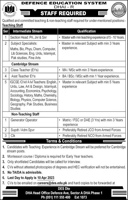 Defence Education System Islamabad Jobs 2023 March DHAI Teachers & Others Latest