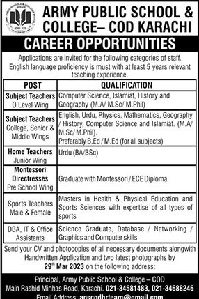 Army Public School and College COD Karachi Jobs March 2023 Teachers & Others Latest