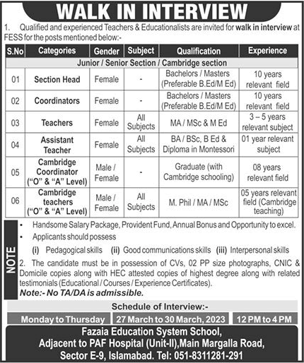 Fazaia Education System School Islamabad Jobs 2023 March Teachers & Coordinators Walk in Interview Latest