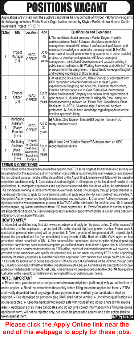 Human Capital Investment Project KPK Jobs 2023 April ETEA Apply Online KPHCIP Public Sector Organization Latest