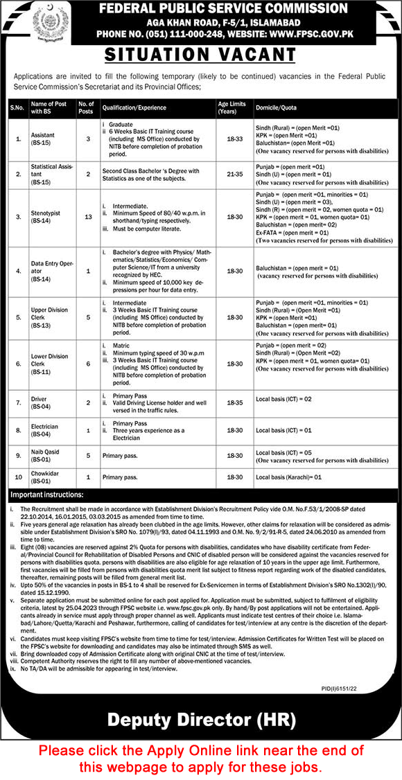 FPSC Jobs April 2023 Online Apply Stenotypists & Others Federal Public Service Commission Latest