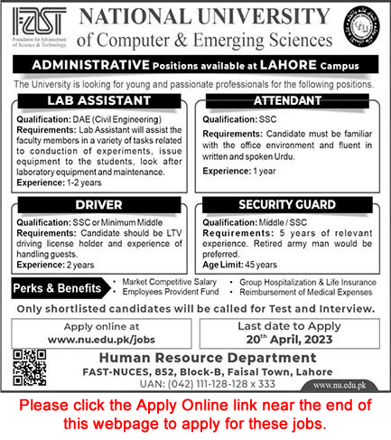 FAST National University Lahore Jobs April 2023 Apply Online Lab Assistant & Others Latest