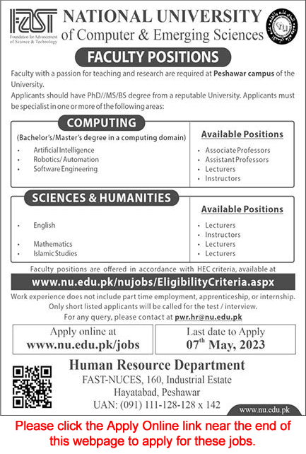 FAST National University Peshawar Campus Jobs 2023 April Apply Online Teaching Faculty Latest