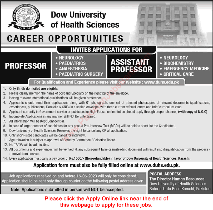 Dow University of Health Sciences Karachi Jobs 2023 April / May Apply Online Teaching Faculty Latest