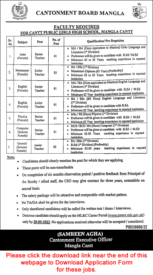 Cantt Public Girls High School Mangla Jobs 2023 May Teachers Online Application Form Latest