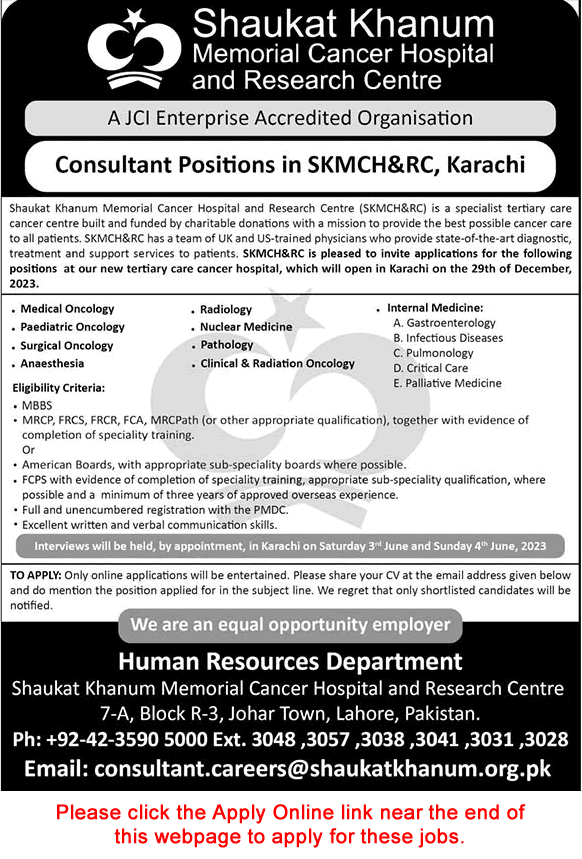 Medical Consultant Jobs in Shaukat Khanum Hospital Karachi May 2023 Apply Online SKMC&RC Latest