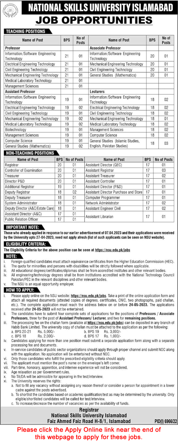 National Skills University Islamabad Jobs May 2023 Apply Online Teaching Faculty & Others Latest