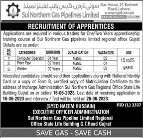 SNGPL Apprenticeship 2023 May Apprentices Jobs Sui Northern Gas Pipelines Limited Latest
