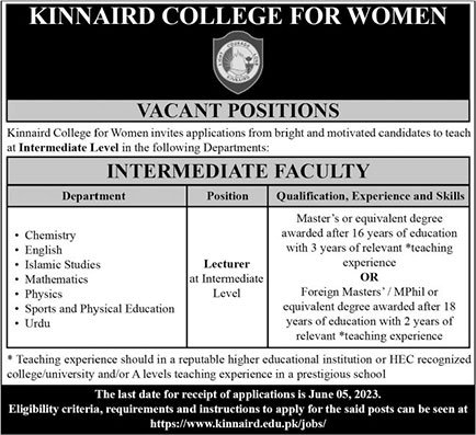 Lecturer Jobs in Kinnaird College for Women Lahore May 2023 Latest