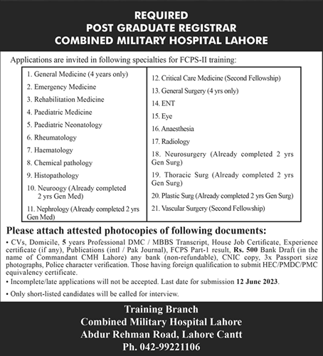 CMH Lahore FCPS Postgraduate Training 2023 June Combined Military Hospital Latest