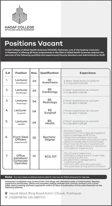 Hadaf College Peshawar Jobs 2023 June Lecturers, Front Desk Officers & Office Assistant Latest