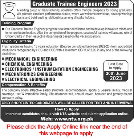 Graduate Trainee Engineers Program 2023 June NTS Apply Online Manufacturing Industry Latest