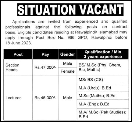 PO Box 966 GPO Rawalpindi Jobs 2023 June Lecturers & Section Heads Latest