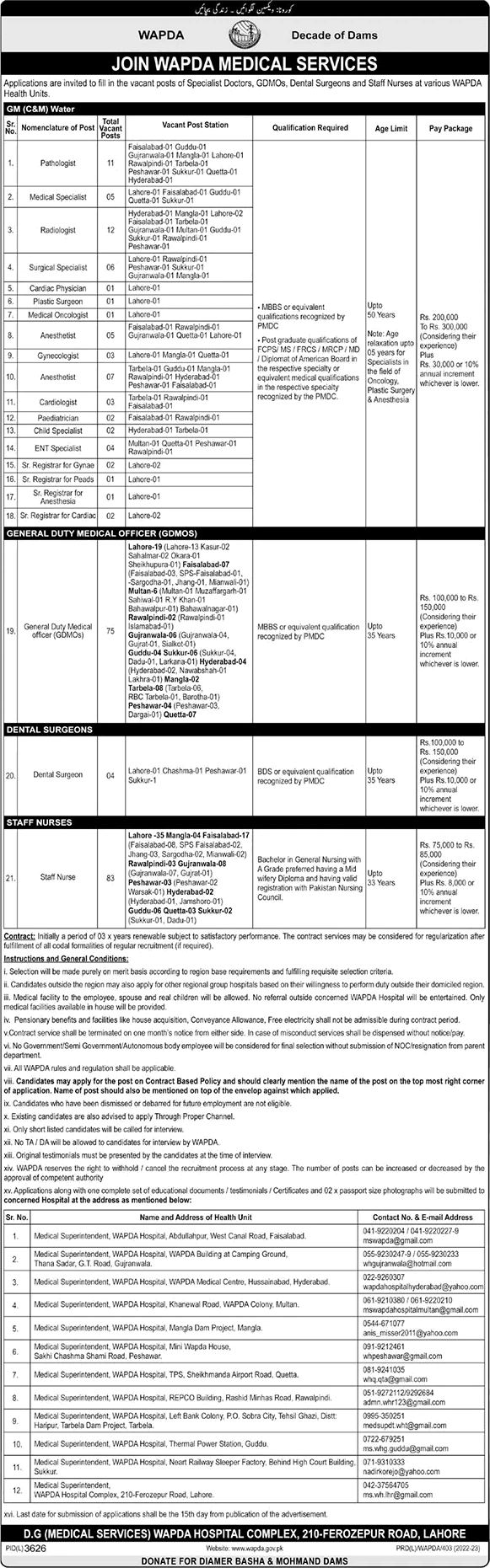 WAPDA Jobs June 2023 Medical Services Medical Officers, Staff Nurses & Specialist Doctors Latest