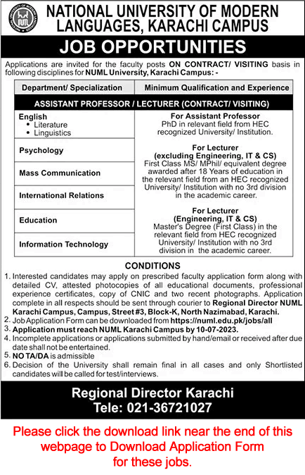 NUML University Karachi Campus Jobs June 2023 July Application Form Teaching Faculty Latest