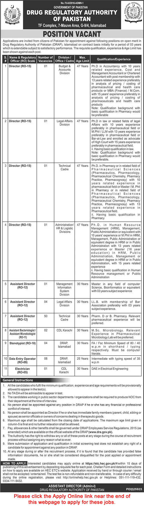 Drug Regulatory Authority of Pakistan Jobs 2023 July Apply Online DRAP Assistant Directors & Others Latest