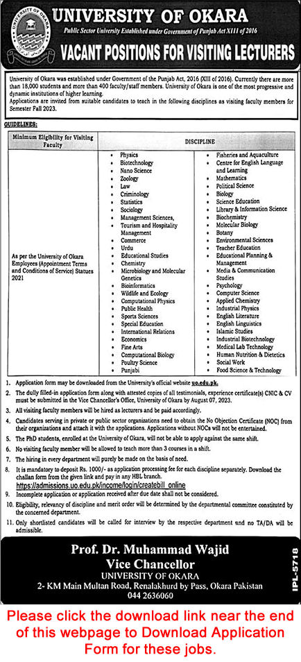 Visiting Lecturer Jobs in University of Okara July 2023 Application Form Download Latest