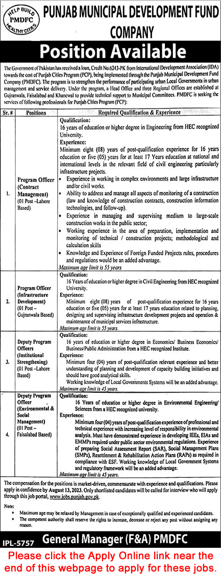 Deputy / Program Officer Jobs in Punjab Municipal Development Fund Company July 2023 PMDFC Apply Online Latest