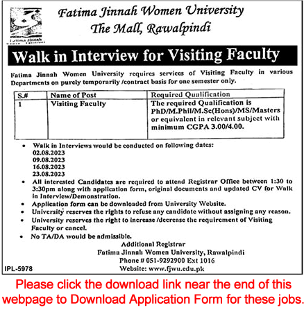 Visiting Faculty Jobs in Fatima Jinnah Women University Rawalpindi 2023 July / August Walk in Interview Latest