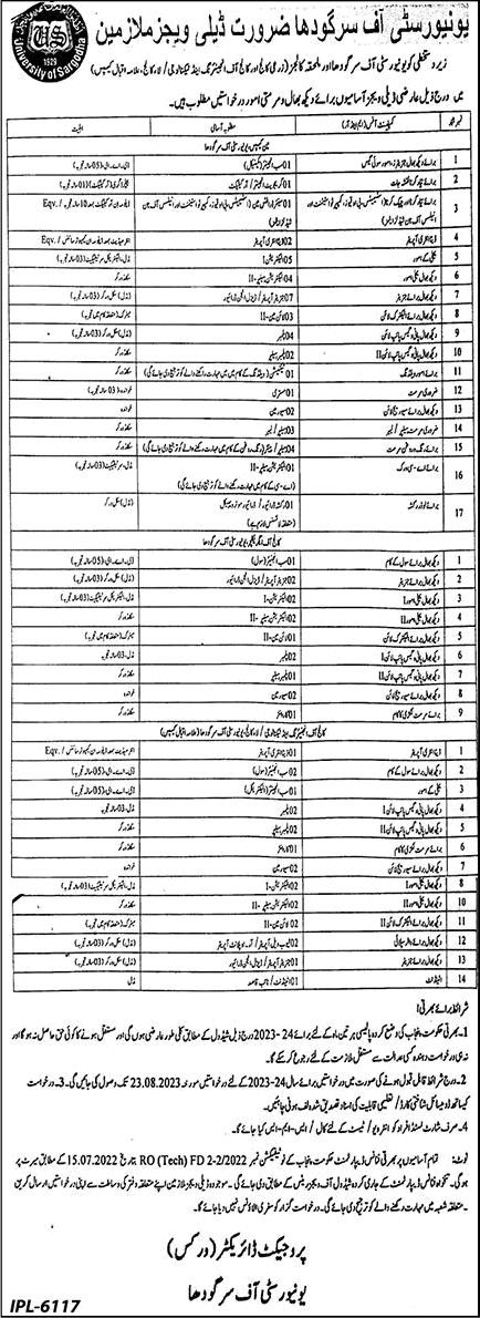 University of Sargodha Jobs August 2023 Generator Operators, Electrician Helpers & Others Latest