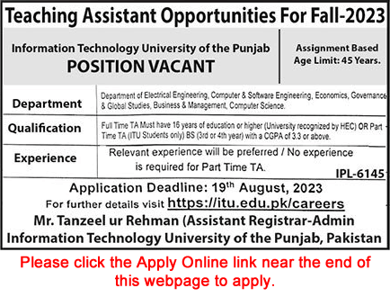 Teaching Assistant Jobs in Information Technology University Punjab August 2023 ITU Latest