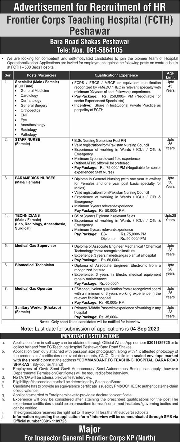 Frontier Corps Teaching Hospital Peshawar Jobs 2023 August FCTH Latest