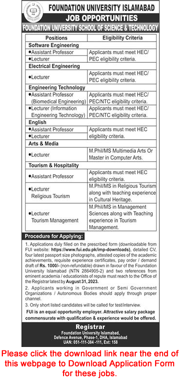 Foundation University Islamabad Jobs August 2023 Application Form Teaching Faculty & Others Latest