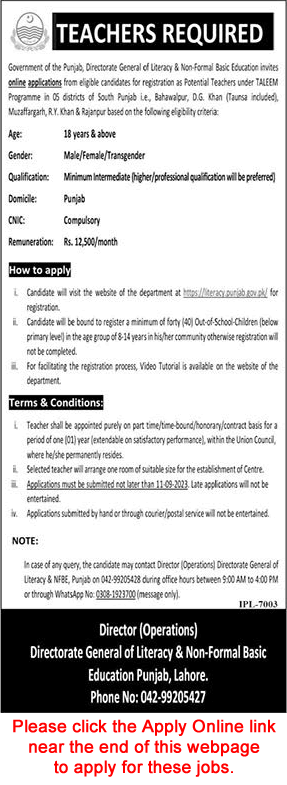 Teacher Jobs in Literacy and Non Formal Basic Education Department Punjab August 2023 Apply Online Taleem Program Latest