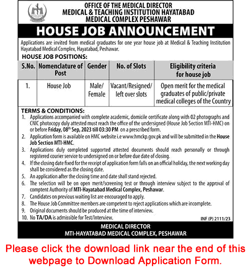Hayatabad Medical Complex Peshawar House Job Training 2023 September MTI Application Form Latest