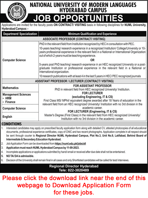 NUML University Hyderabad Campus Jobs September 2023 Application Form Teaching Faculty Latest