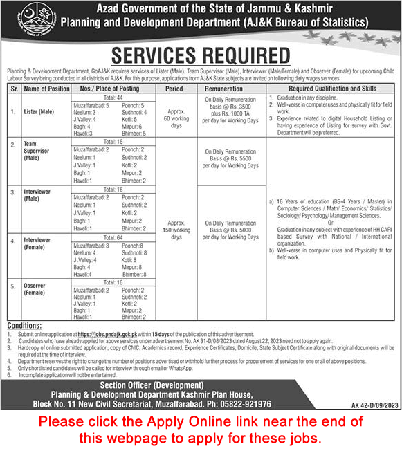 Planning and Development Department AJK Jobs September 2023 Apply Online Interviewers, Listers & Others Latest