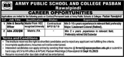 Army Public School and College Pasban Rawalpindi Jobs September 2023 APS&C Latest