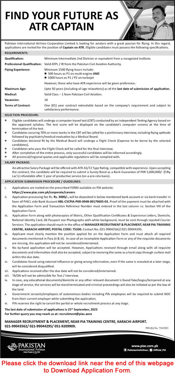 Captain Jobs in PIA 2023 September Application Form Pakistan International Airlines Latest