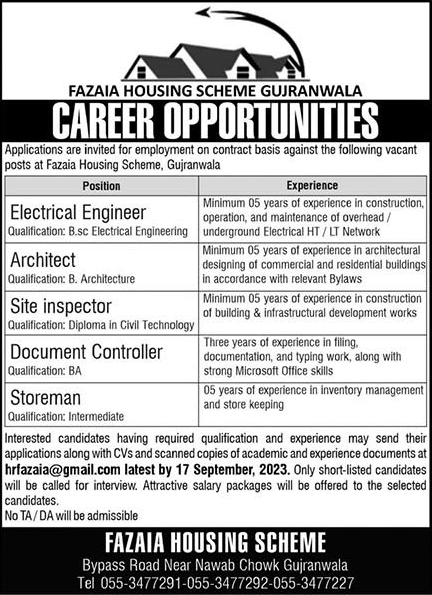 Fazaia Housing Scheme Gujranwala Jobs 2023 September Electrical Engineer, Architect & Others Latest