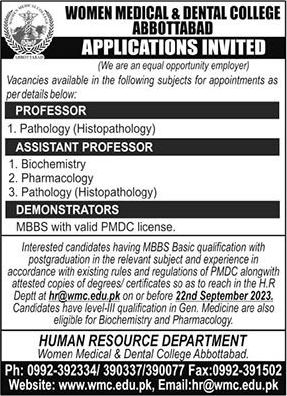 Women Medical and Dental College Abbottabad Jobs 2023 September Teaching Faculty & Demonstrators Latest