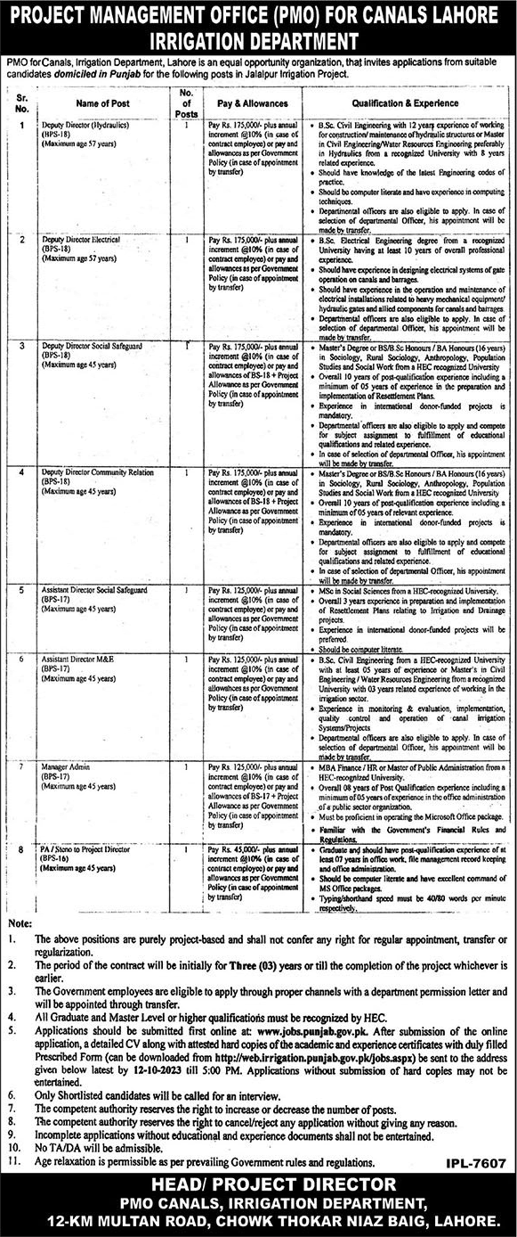 Irrigation Department Lahore Jobs September 2023 Apply Online Assistant Director, Admin Manager & Others Latest